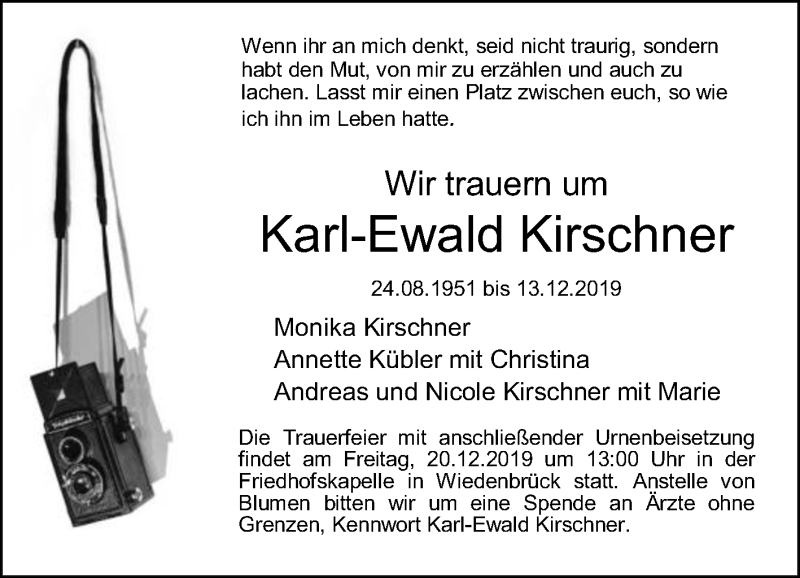  Traueranzeige für Karl-Ewald Kirschner vom 17.12.2019 aus Die Glocke