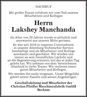 Traueranzeige von Lakshey Manchanda von Die Glocke