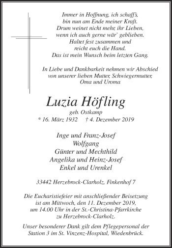 Traueranzeige von Luzia Höfling von Die Glocke