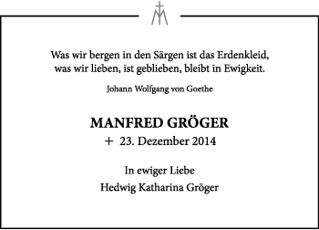 Traueranzeige von Manfred Gröger von Die Glocke