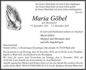 Traueranzeige von Maria Göbel von Die Glocke