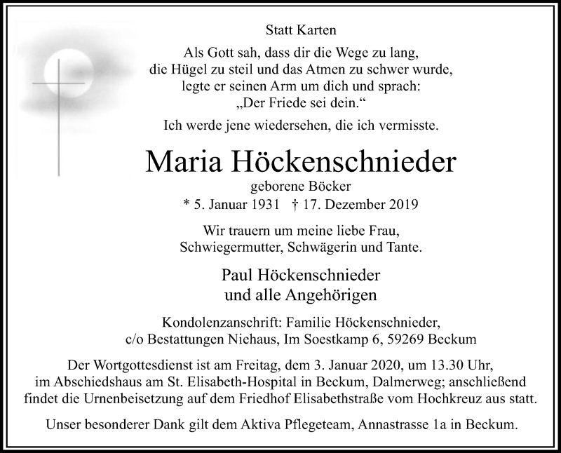  Traueranzeige für Maria Höckenschnieder vom 24.12.2019 aus Die Glocke
