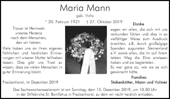 Traueranzeige von Maria Mann von Die Glocke