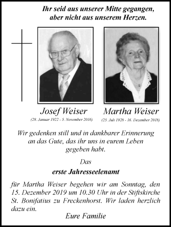 Traueranzeige von Martha Weiser von Die Glocke