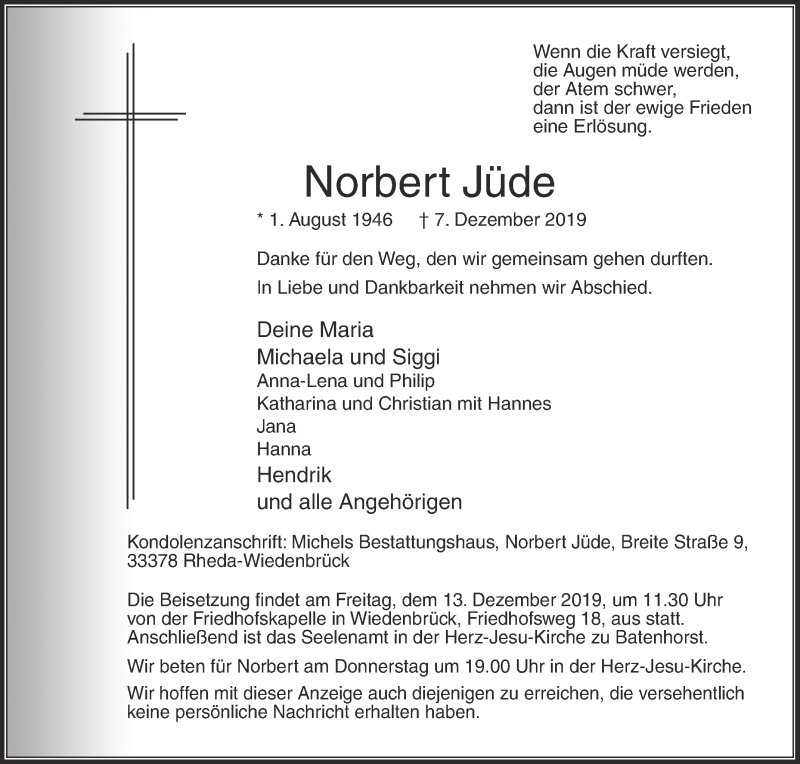  Traueranzeige für Norbert Jüde vom 10.12.2019 aus Die Glocke