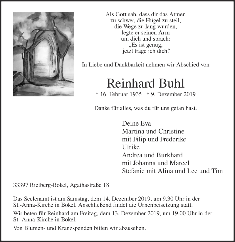  Traueranzeige für Reinhard Buhl vom 11.12.2019 aus Die Glocke