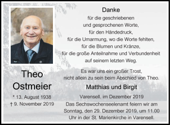 Traueranzeige von Theo Ostmeier von Die Glocke