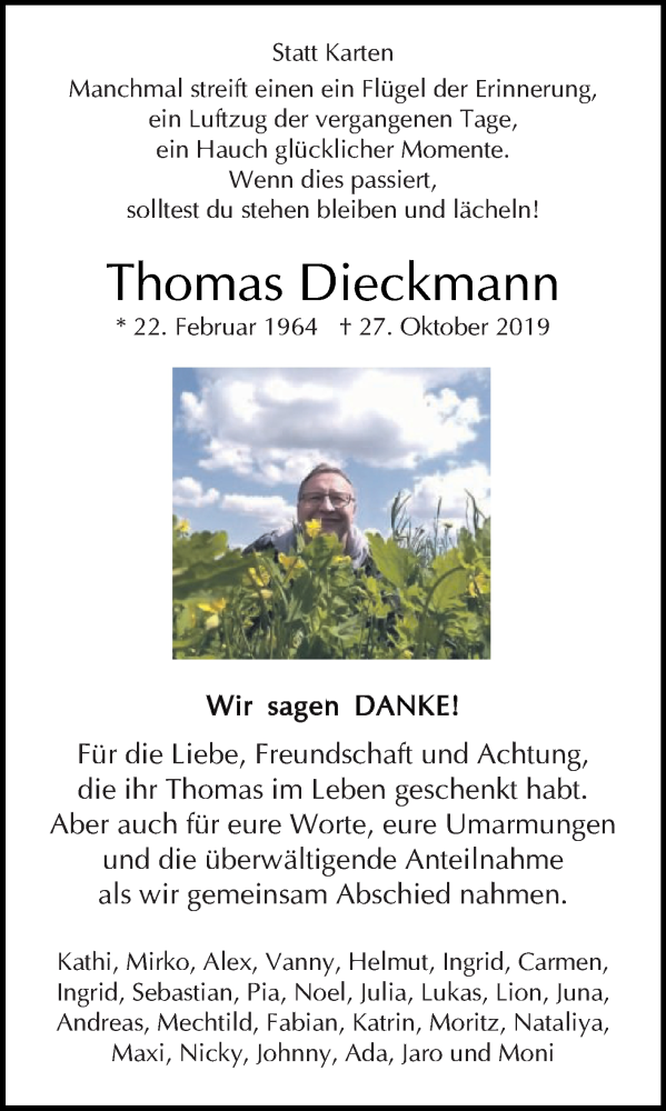  Traueranzeige für Thomas Dieckmann vom 20.12.2019 aus Die Glocke