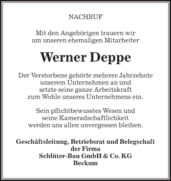 Traueranzeige von Werner Deppe von Die Glocke