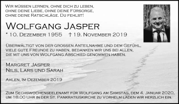 Traueranzeige von Wolfgang Jasper von Die Glocke