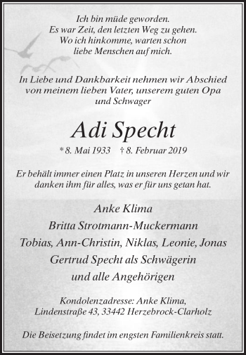 Traueranzeige von Adi Specht von Die Glocke