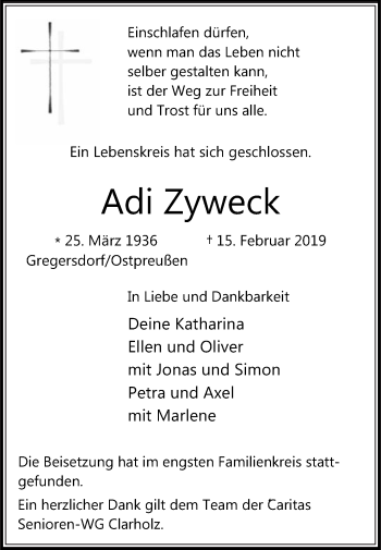Traueranzeige von Adi Zyweck von Die Glocke