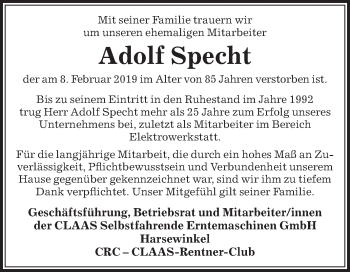 Traueranzeige von Adolf Specht von Die Glocke