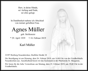 Traueranzeige von Agnes Müller von Die Glocke