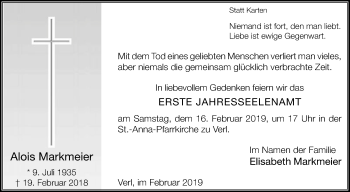 Traueranzeige von Alois Markmeier von Die Glocke