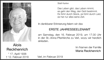 Traueranzeige von Alois Reckhenrich von Die Glocke