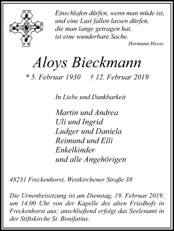 Traueranzeige von Aloys Bieckmann von Die Glocke