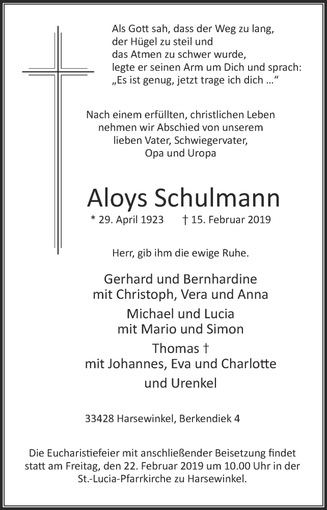  Traueranzeige für Aloys Schulmann vom 19.02.2019 aus Die Glocke