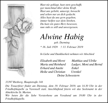Traueranzeige von Alwine Habig von Die Glocke