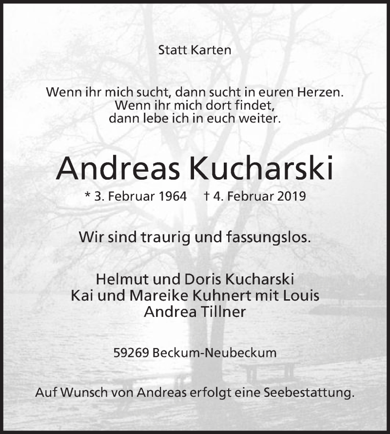  Traueranzeige für Andreas Kucharski vom 07.02.2019 aus Die Glocke