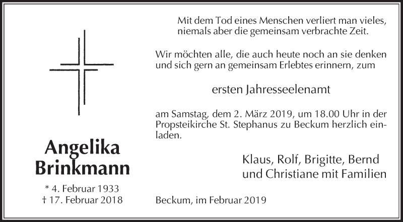  Traueranzeige für Angelika Brinkmann vom 23.02.2019 aus Die Glocke