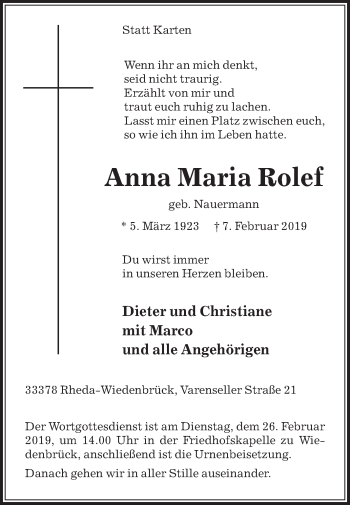 Traueranzeige von Anna Maria Rolef von Die Glocke