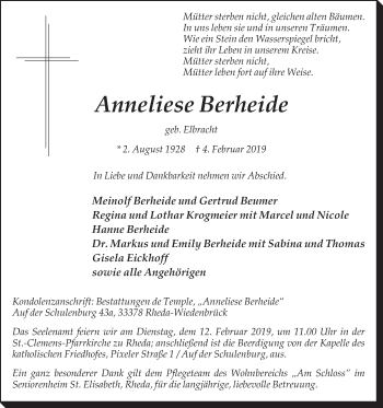 Traueranzeige von Anneliese Berheide von Die Glocke