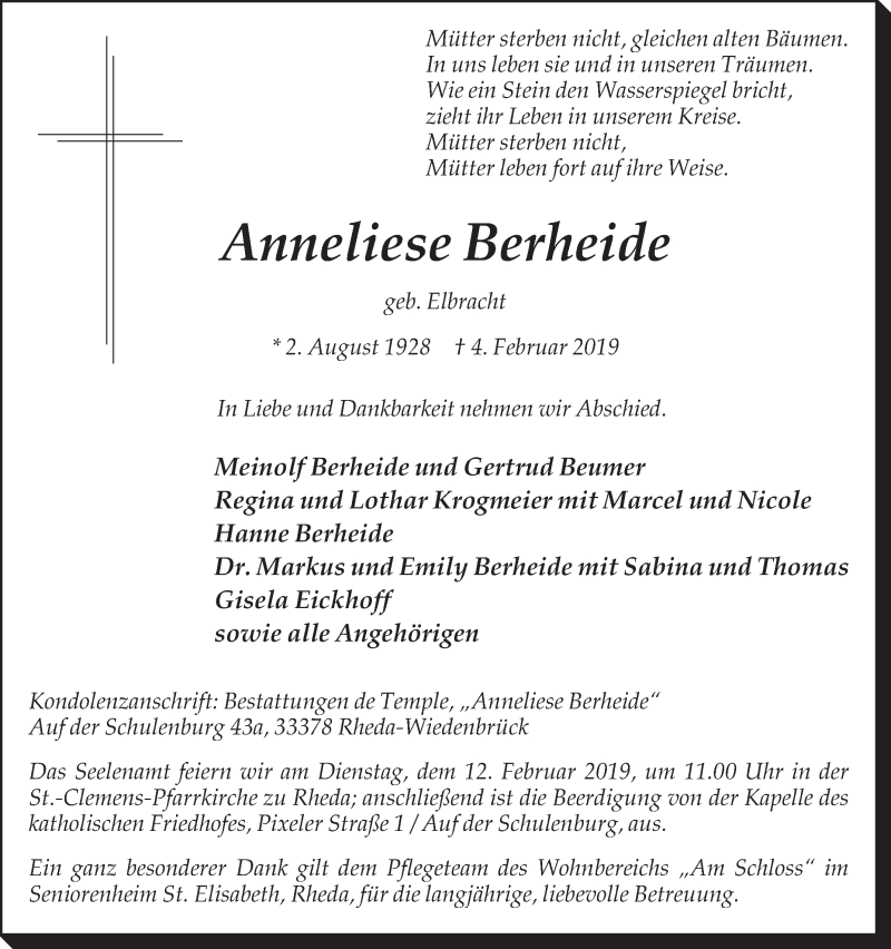  Traueranzeige für Anneliese Berheide vom 08.02.2019 aus Die Glocke