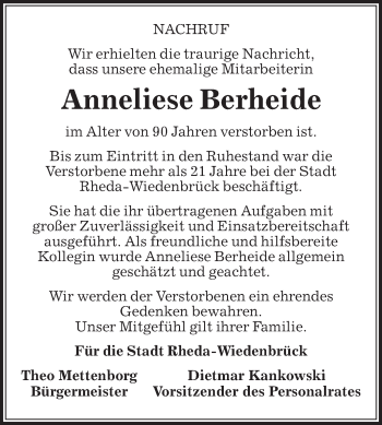 Traueranzeige von Anneliese Berheide von Die Glocke