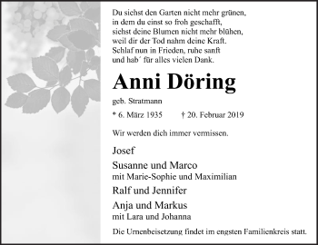 Traueranzeige von Anni Döring von Die Glocke