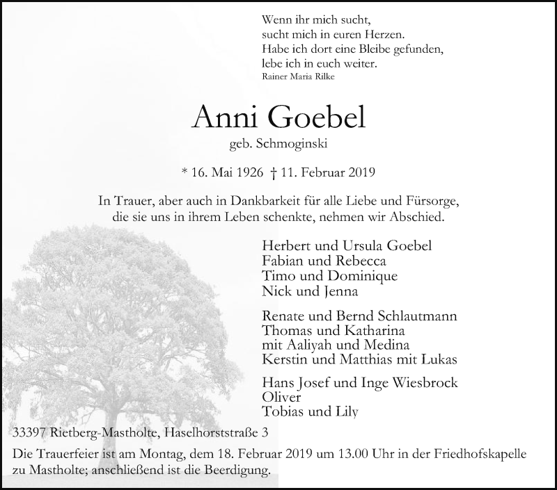  Traueranzeige für Anni Goebel vom 14.02.2019 aus Die Glocke