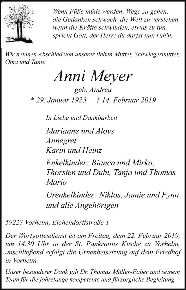  Traueranzeige für Anni Meyer vom 18.02.2019 aus Die Glocke