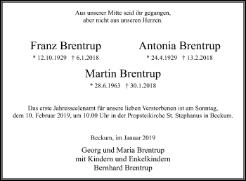 Traueranzeige von Antonia Brentrup von Die Glocke