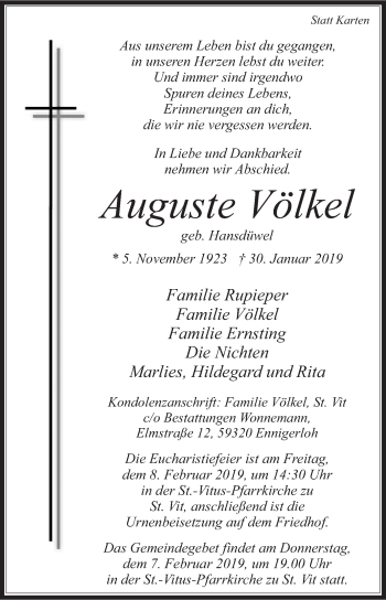 Traueranzeige von Auguste Völkel von Die Glocke