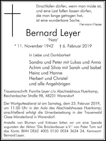 Traueranzeige von Bernard Leyer von Die Glocke