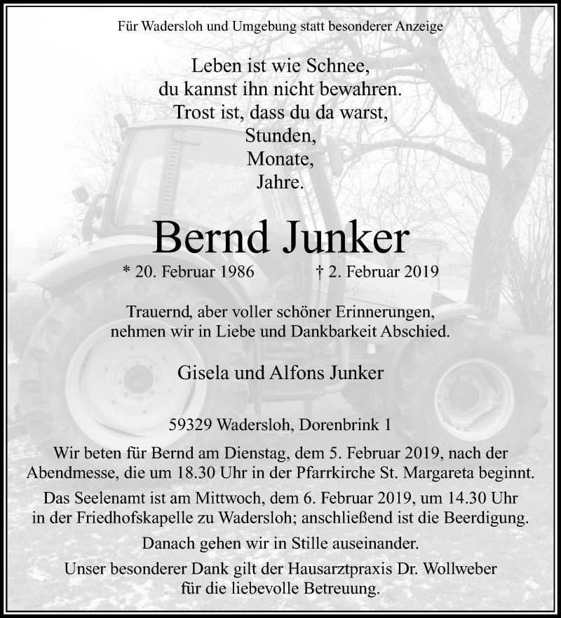  Traueranzeige für Bernd Junker vom 04.02.2019 aus Die Glocke