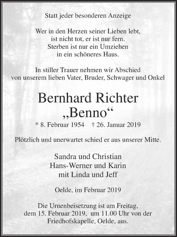  Traueranzeige für Bernhard Richter vom 09.02.2019 aus Die Glocke
