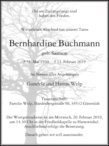 Traueranzeige von Bernhardine Buchmann von Die Glocke