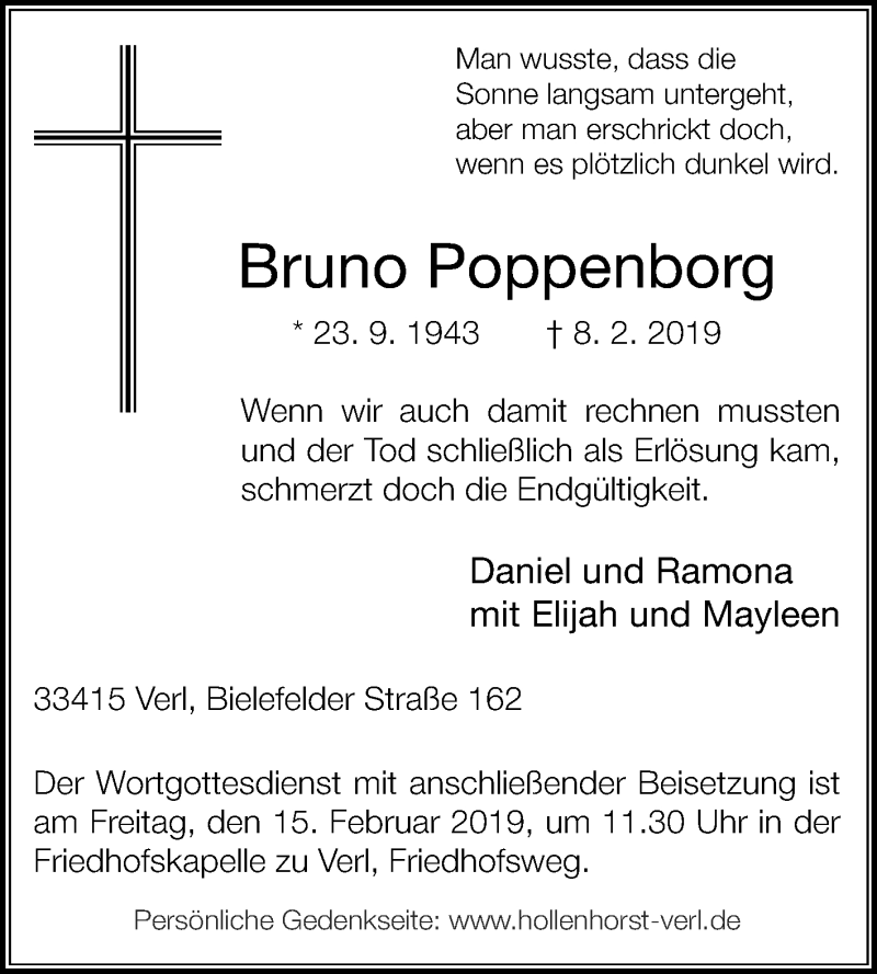  Traueranzeige für Bruno Poppenborg vom 11.02.2019 aus Die Glocke