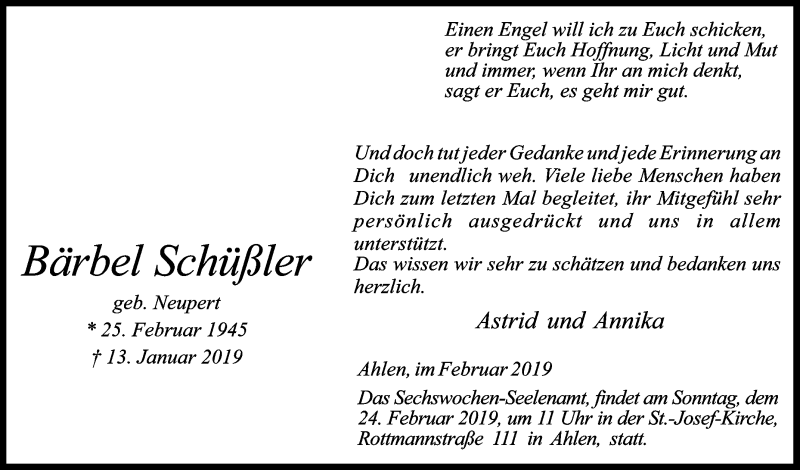  Traueranzeige für Bärbel Schüßler vom 16.02.2019 aus Die Glocke