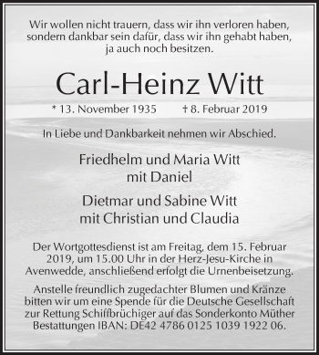 Traueranzeige von Carl-Heinz Witt von Die Glocke