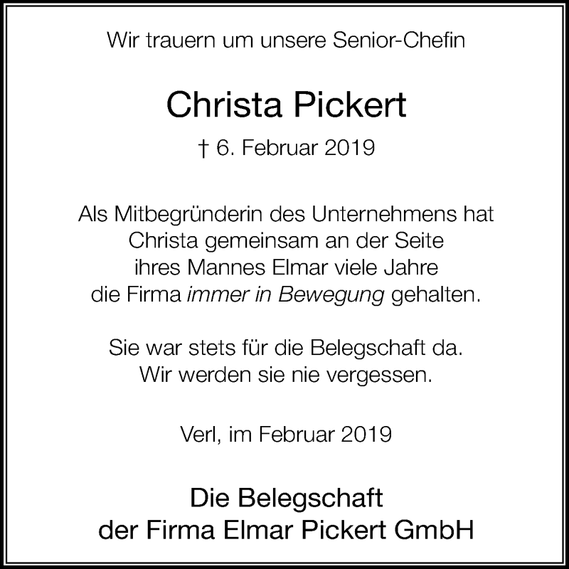  Traueranzeige für Christa Pickert vom 09.02.2019 aus Die Glocke