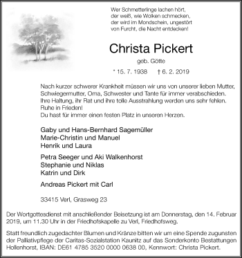 Traueranzeige von Christa Pickert von Die Glocke