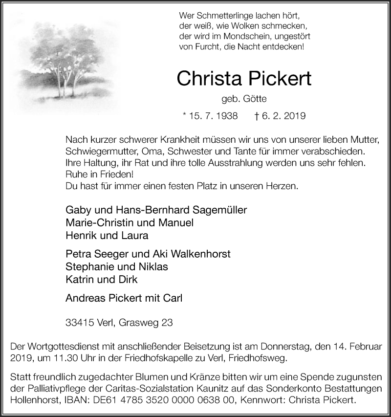  Traueranzeige für Christa Pickert vom 09.02.2019 aus Die Glocke