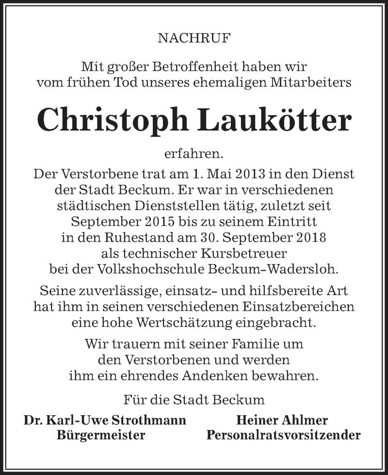  Traueranzeige für Christoph Laukötter vom 23.02.2019 aus Die Glocke
