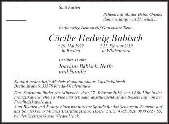 Traueranzeige von Cäcilie Hedwig Babisch von Die Glocke