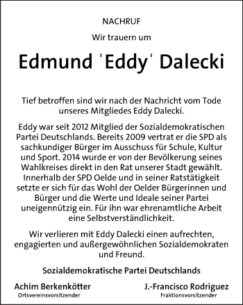 Traueranzeige von Edmund Dalecki von Die Glocke