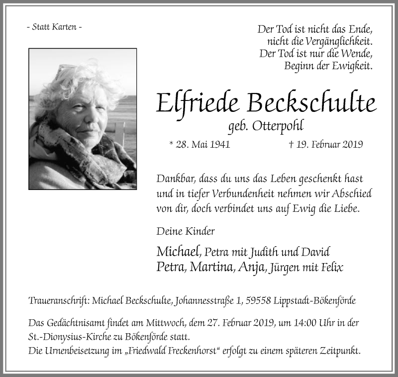  Traueranzeige für Elfriede Beckschulte vom 26.02.2019 aus Die Glocke