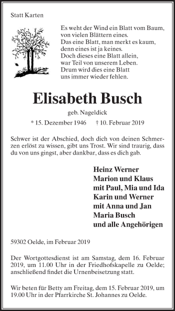 Traueranzeige von Elisabeth Busch von Die Glocke
