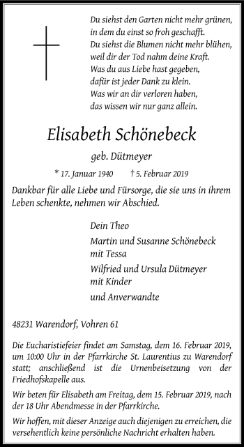 Traueranzeige von Elisabeth Schönebeck von Die Glocke